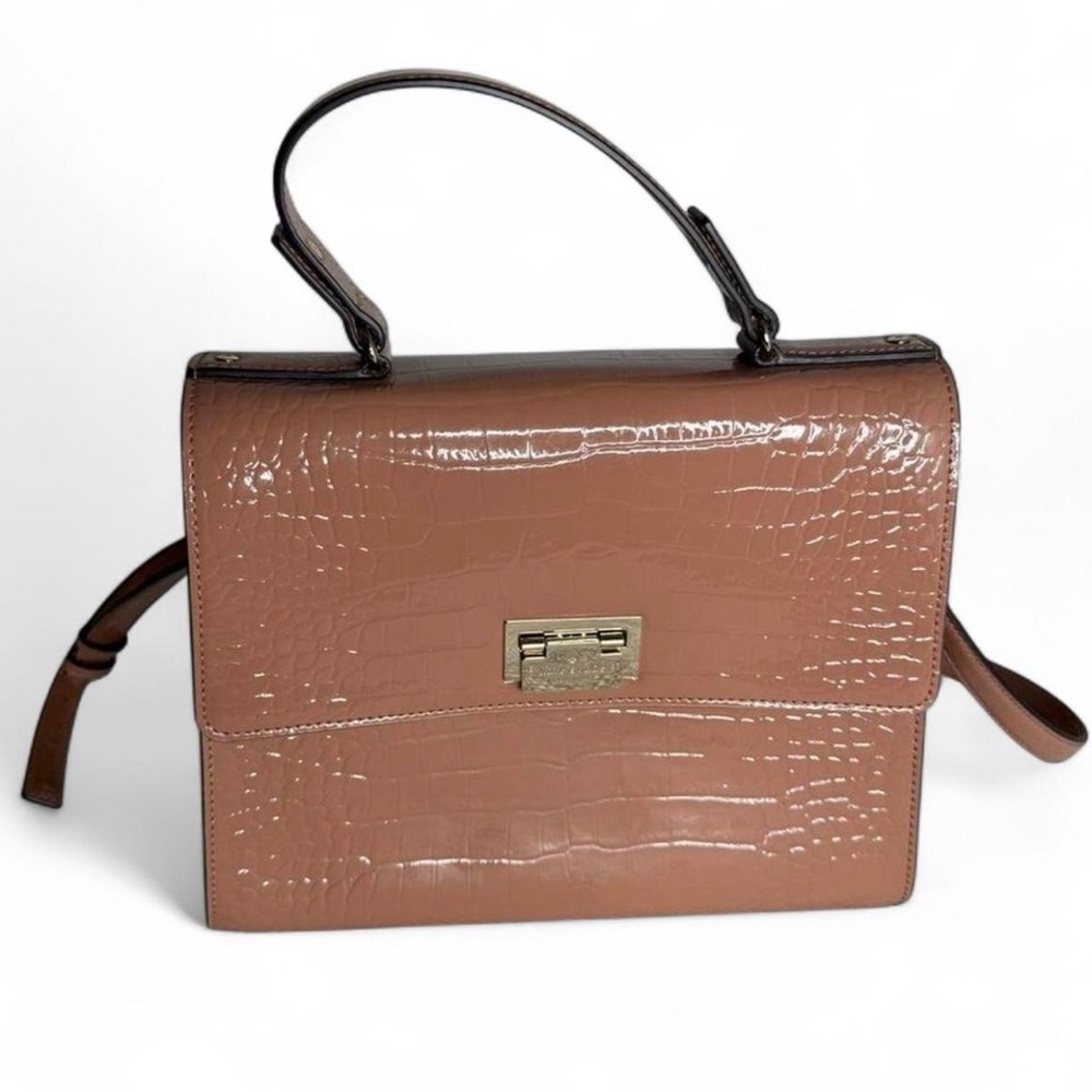 kate spade Croc-Embossed Patent Top-Handle Crossbody Bag in pinkish-nude